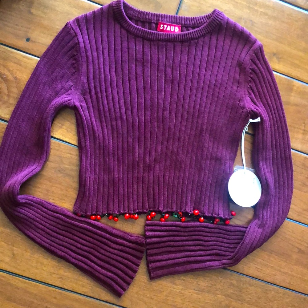 Staud STAUD Bell Sleeve Crop Top Cherry Knit wine
